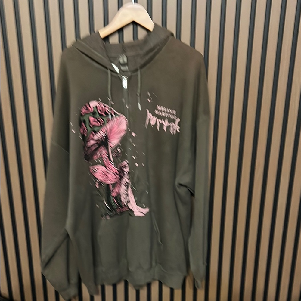 Men's Olive Green Graphic Hoodie with Pink Floral Print